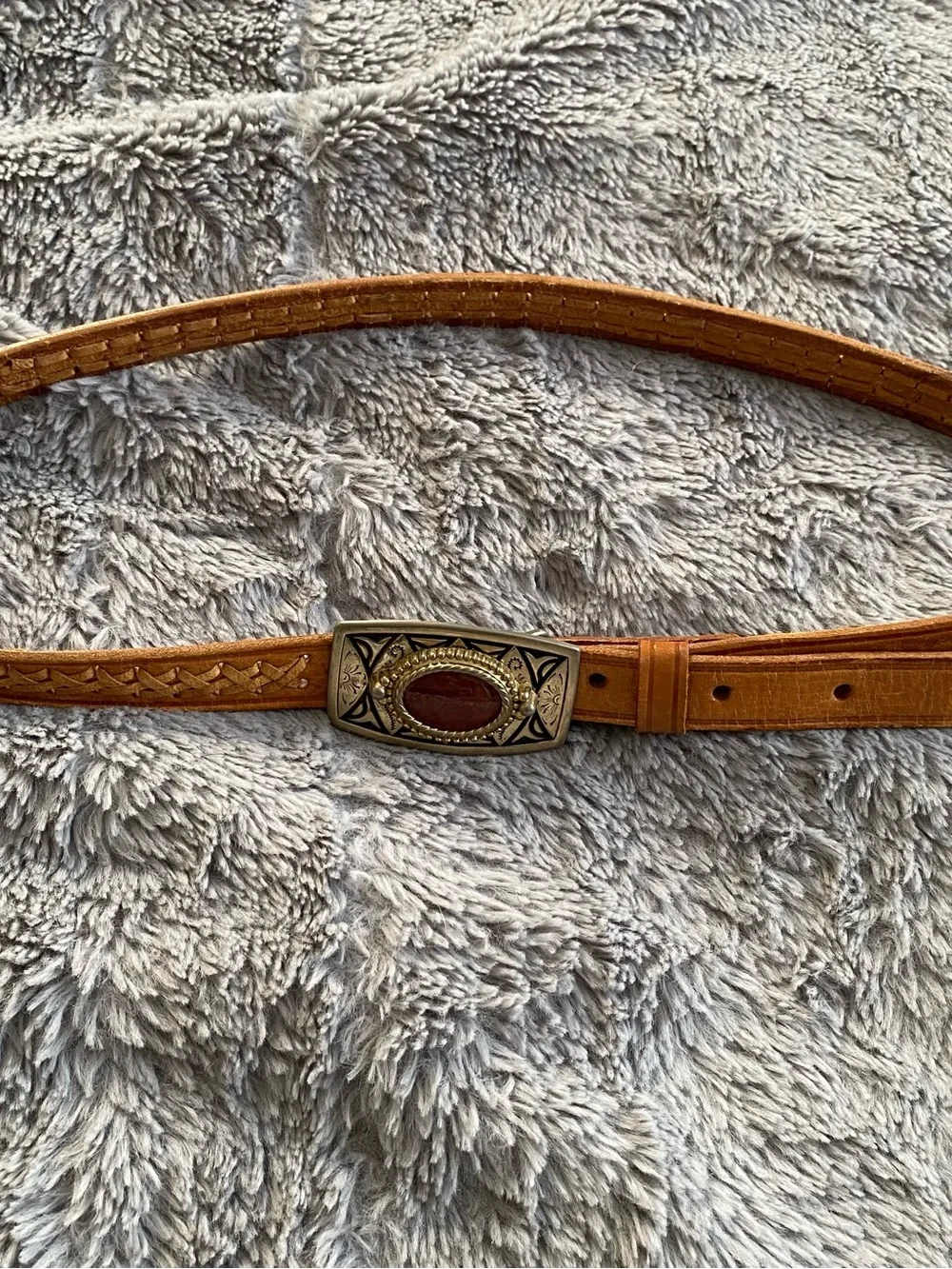 Tan Leather Western Belt with Ornate Stone Buckle